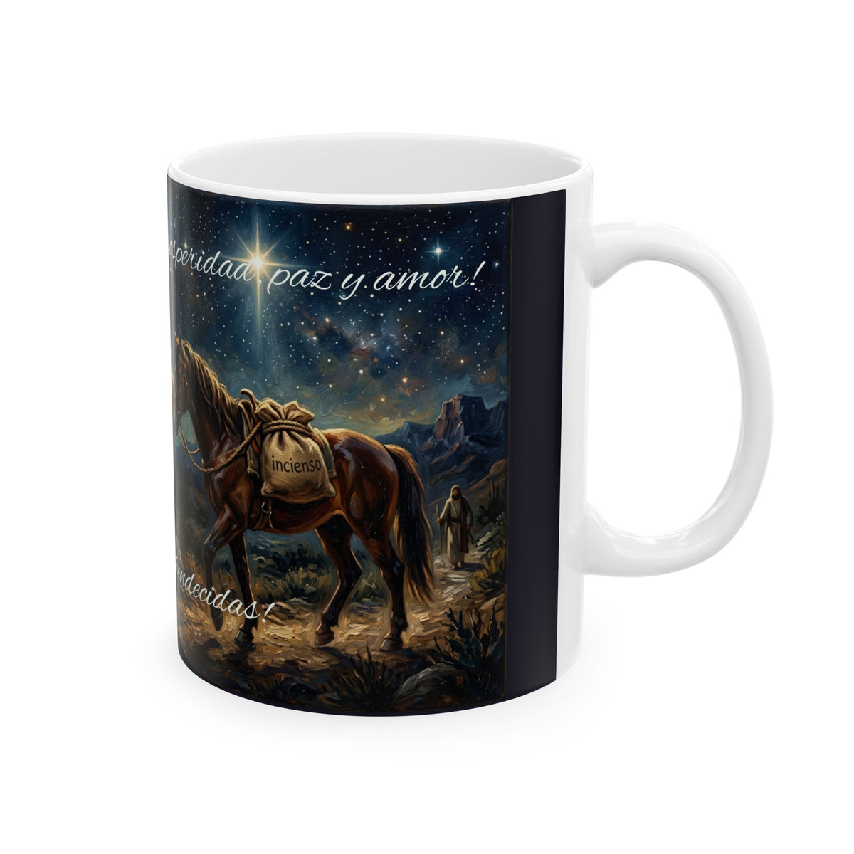 Ceramic Mug — Three Wise Men Nativity Design, "Felices fiestas, bendecidas" Holiday Coffee Cup