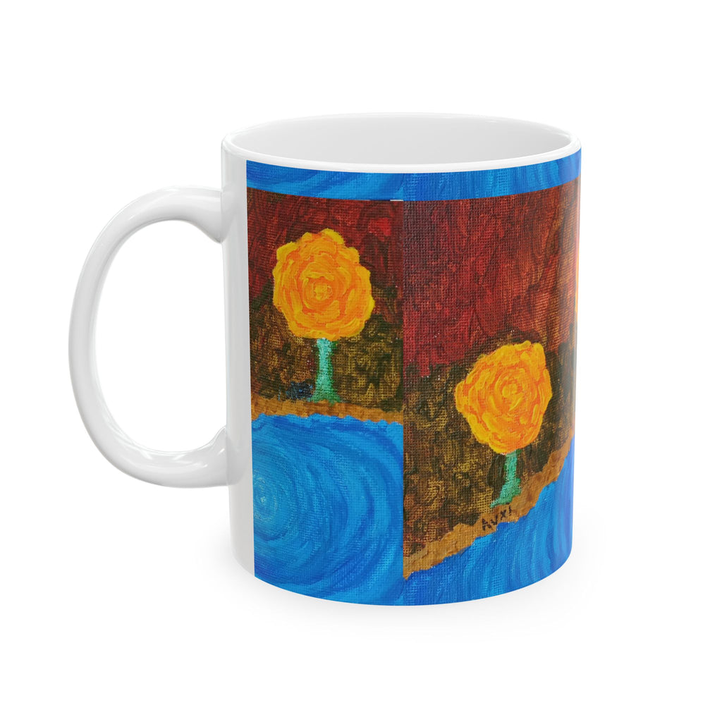 Yellow Rose Floral Mug — Artistic River Landscape Ceramic Coffee Cup (11oz, 15oz)