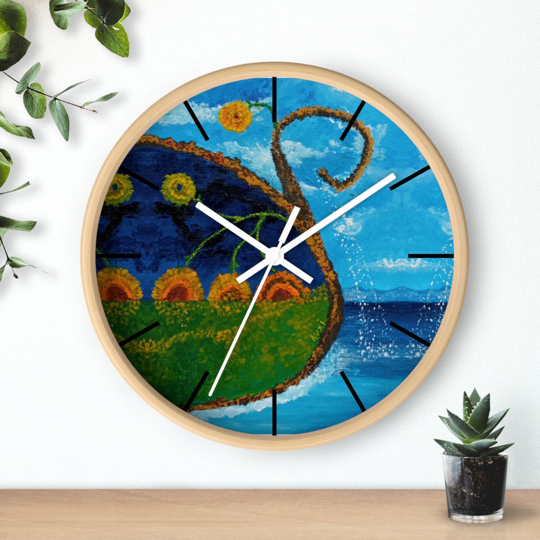 Coastal Sunrise Art Wall Clock — Whimsical Seascape with Sunflowers