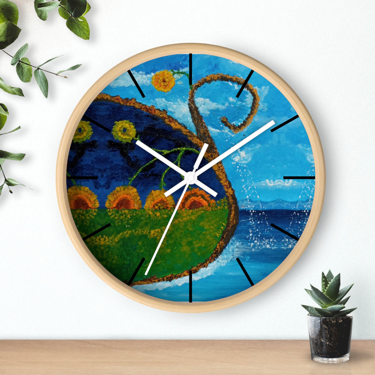 Coastal Sunrise Art Wall Clock — Whimsical Seascape with Sunflowers
