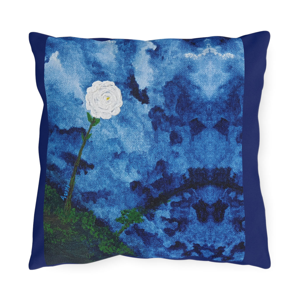 Blue Watercolor Rose Outdoor Pillow — Nautical Floral Patio Cushion