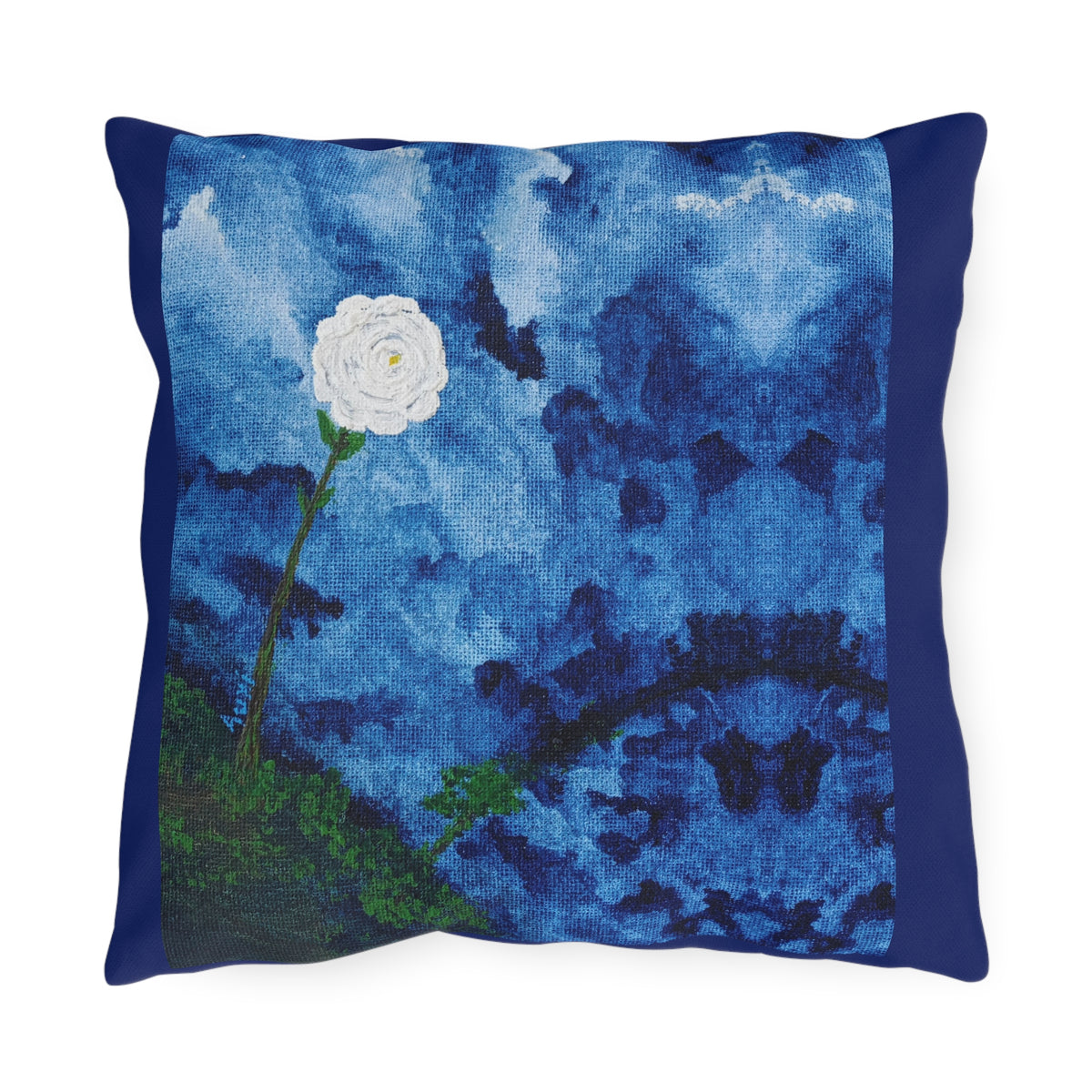 Blue Watercolor Rose Outdoor Pillow — Nautical Floral Patio Cushion