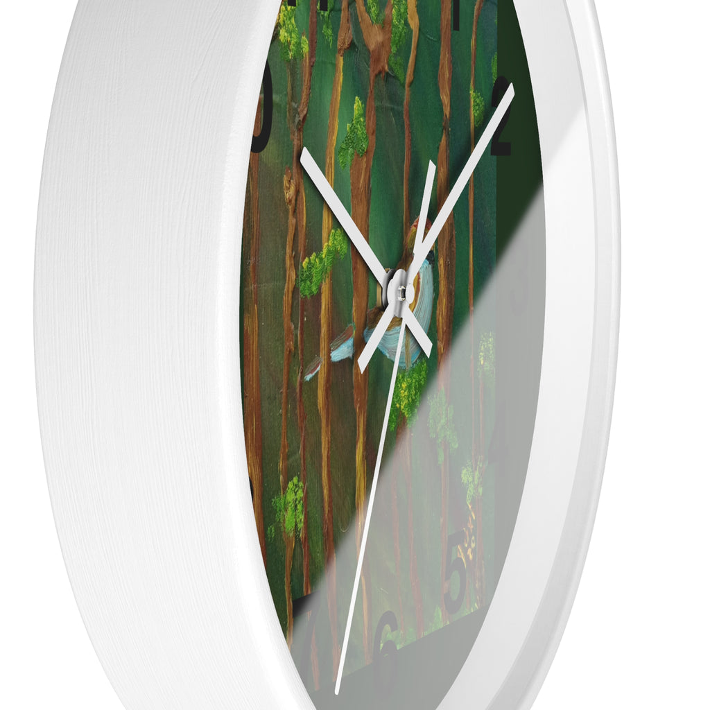 Forest Bird Wall Clock — Nature-Inspired Pine Tree Timepiece with Blue Jay Artwork