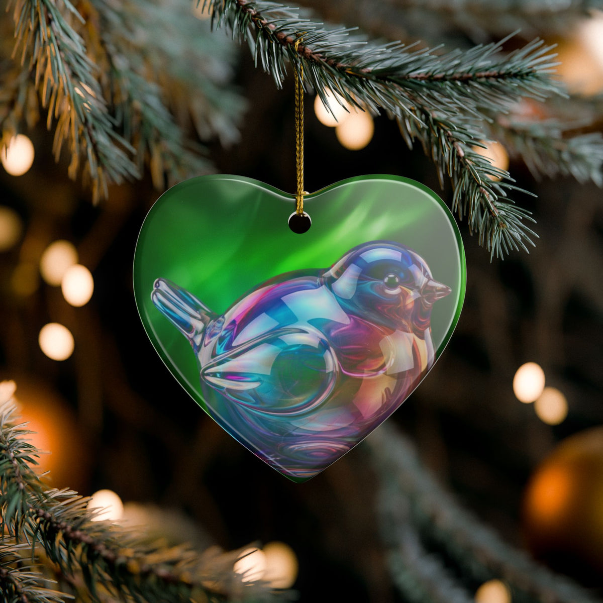 Heart Ornament with Iridescent Glass-Look Bird — Ceramic Holiday Decoration