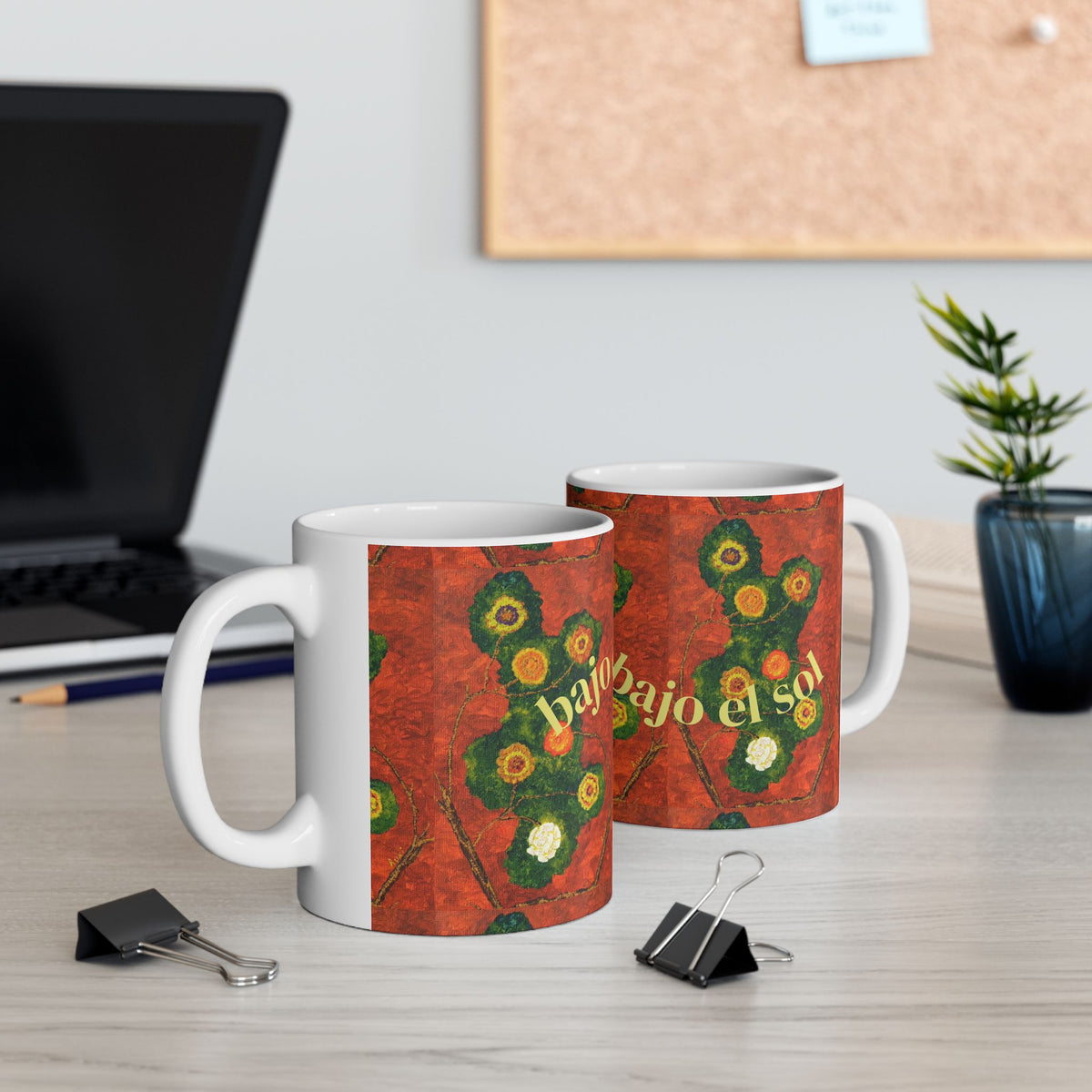 Spanish Floral Art Ceramic Mug – “bajo el sol” Red Cactus Design (11oz/15oz)