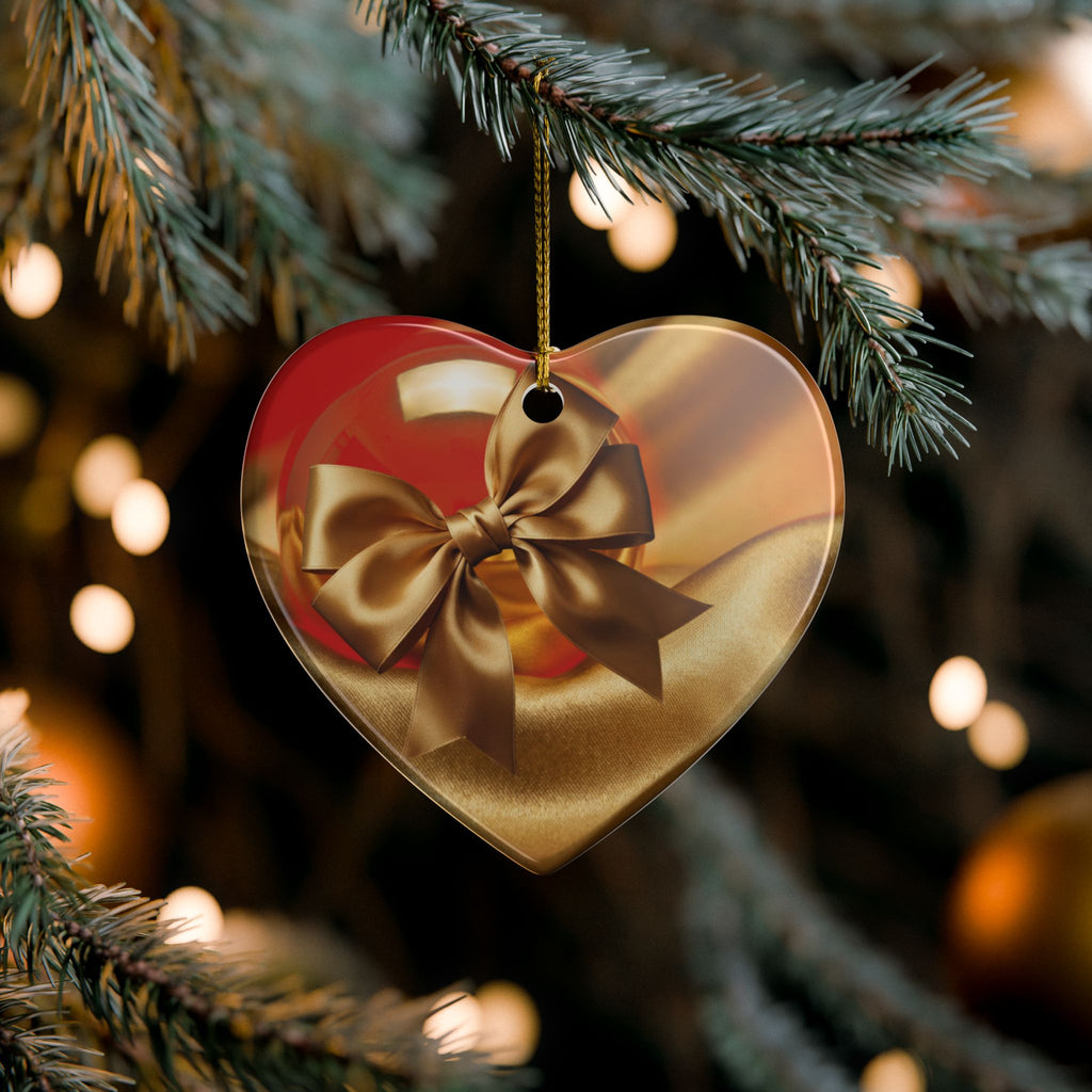 Gold Bow Heart Ceramic Ornament —