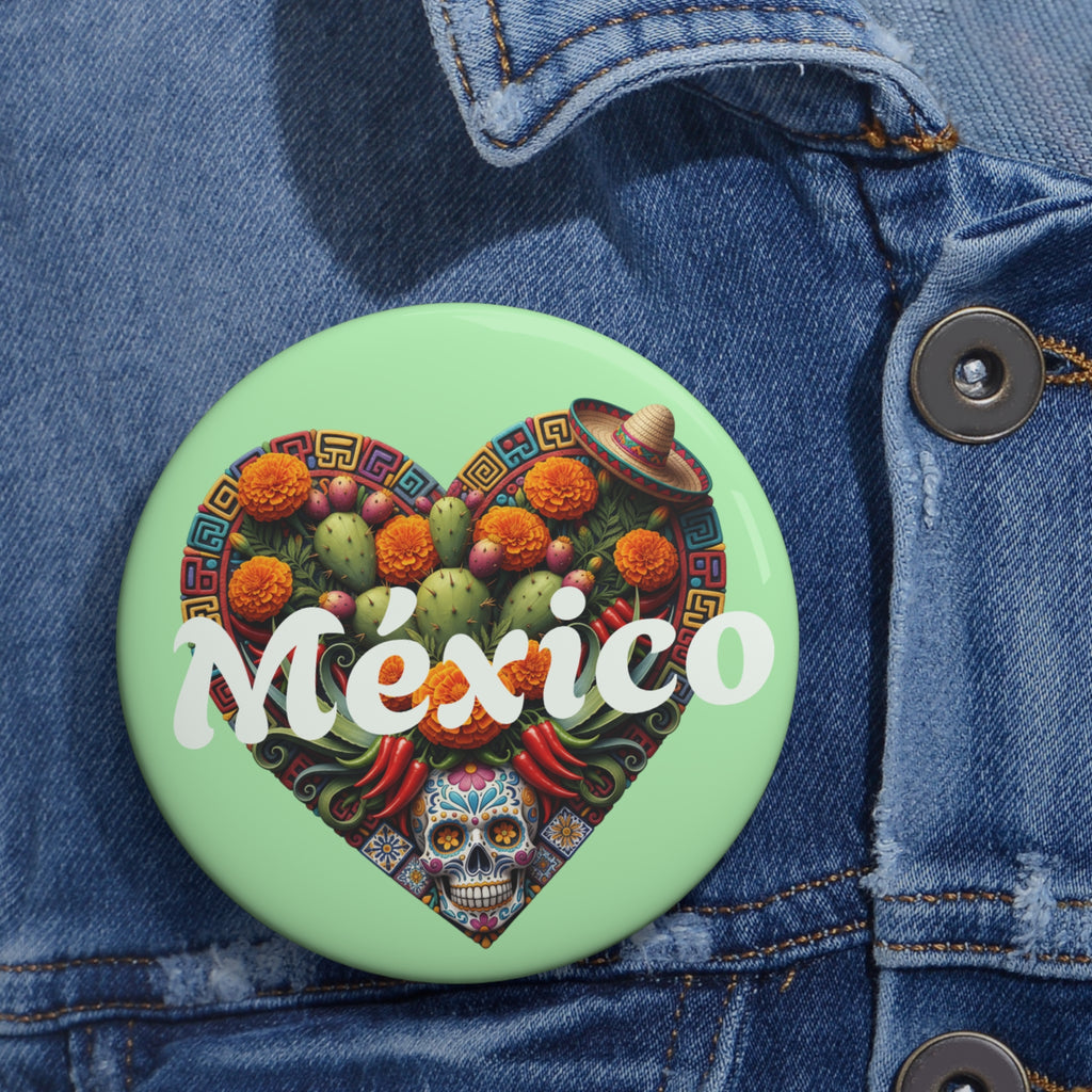 Mexico Heart Pin Button — Day of the Dead Cactus Sugar Skull Badge
