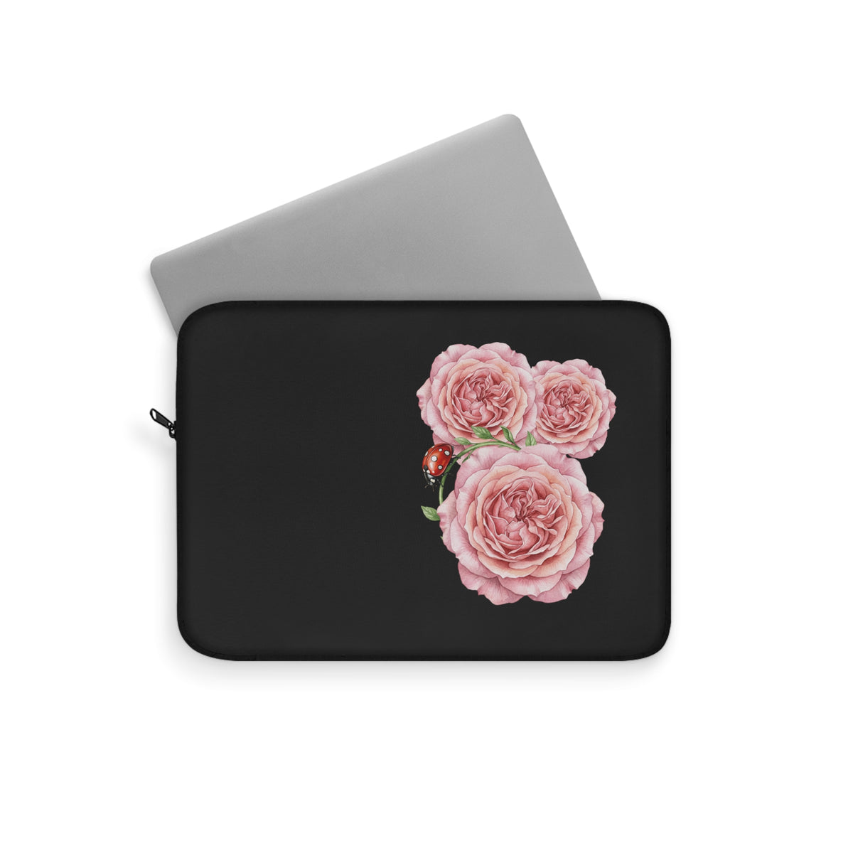 Floral Rose Trio Laptop Sleeve — Pink Peony Flowers with Ladybug on Black