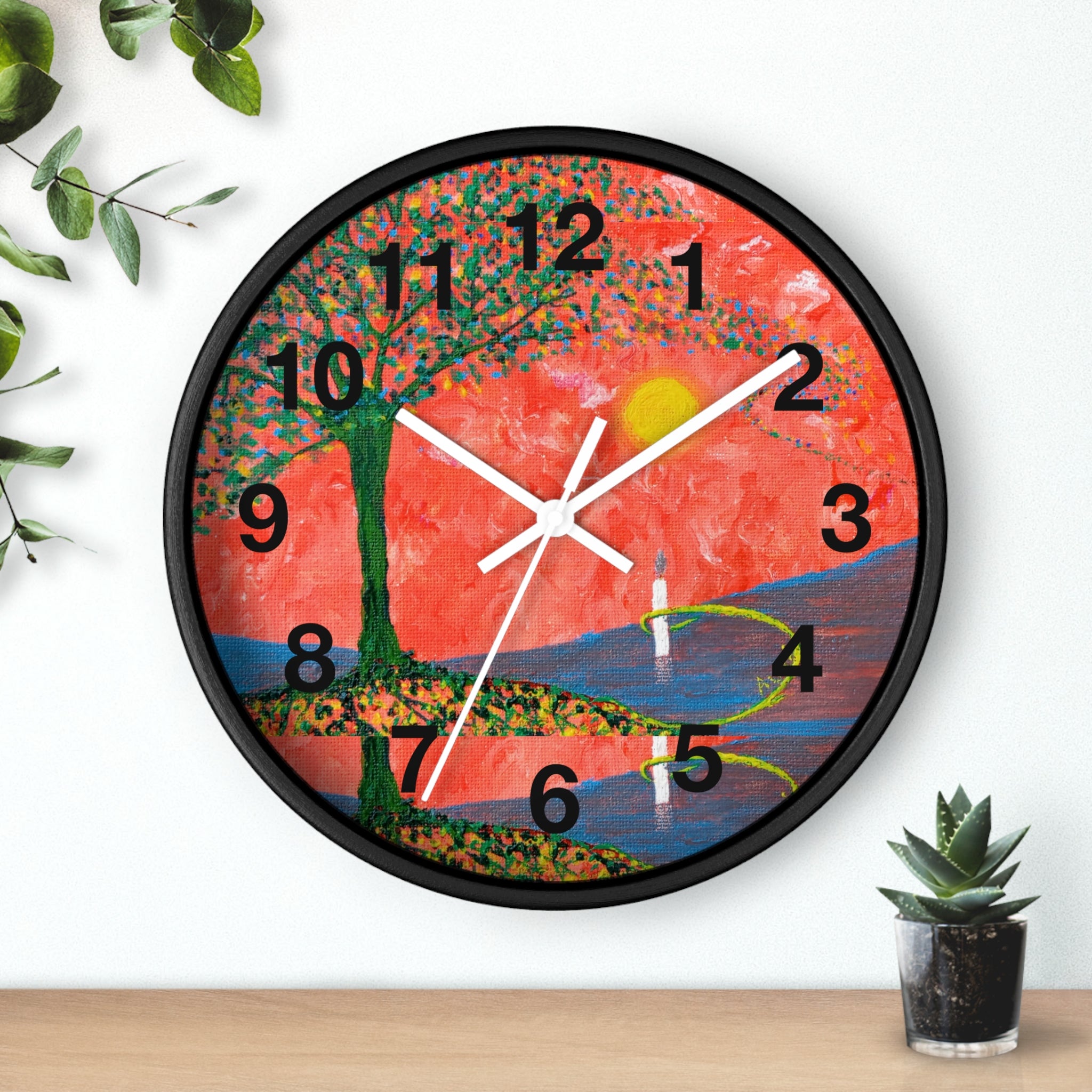 Sunset Reflection Wall Clock — Colorful Tree Lake Art Clock
