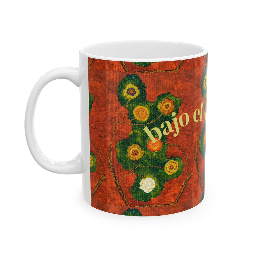 Spanish Floral Art Ceramic Mug – “bajo el sol” Red Cactus Design (11oz/15oz)