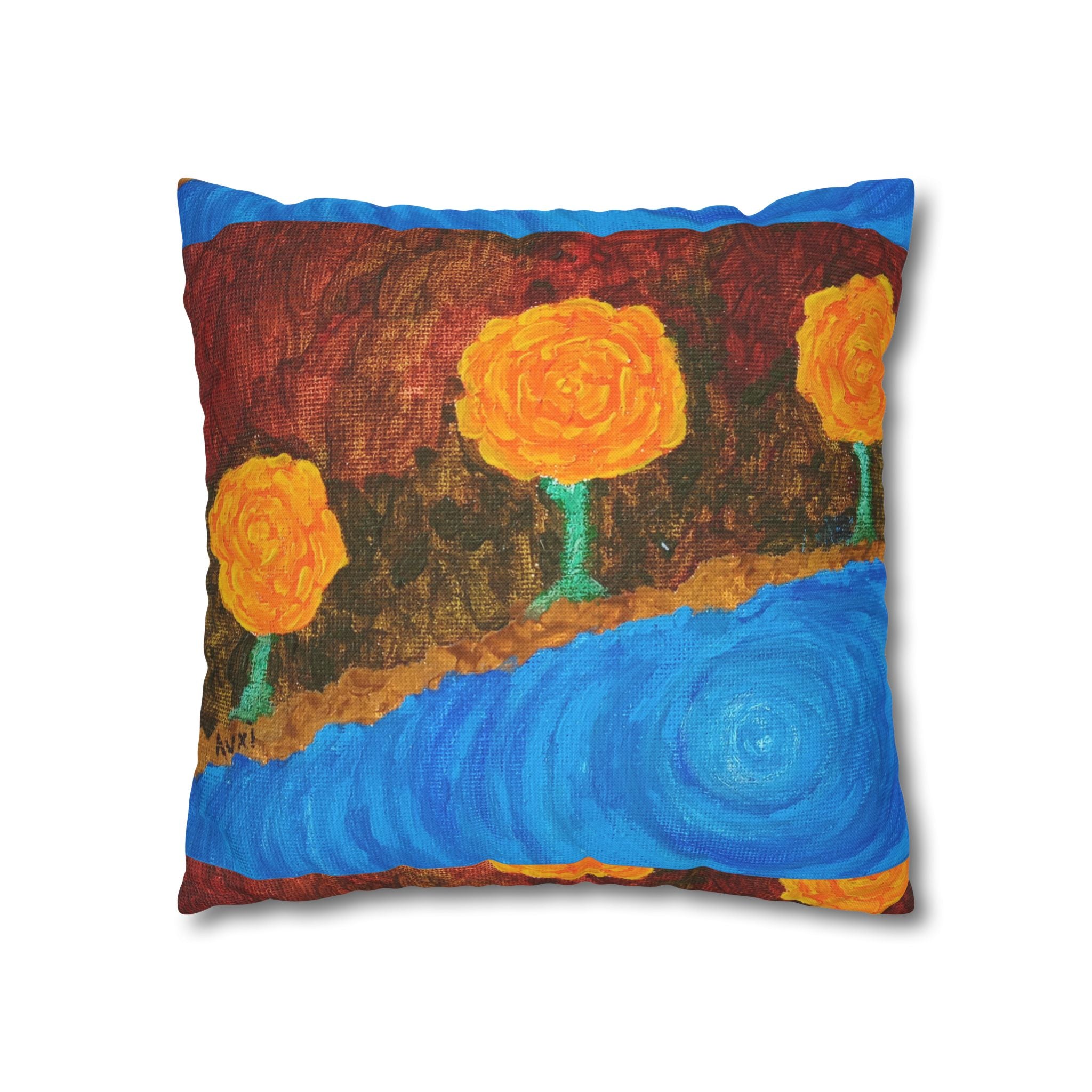 Solo Funda, no incluye relleno. Floral Block Throw Pillowcase — Yellow Rose Art on Blue