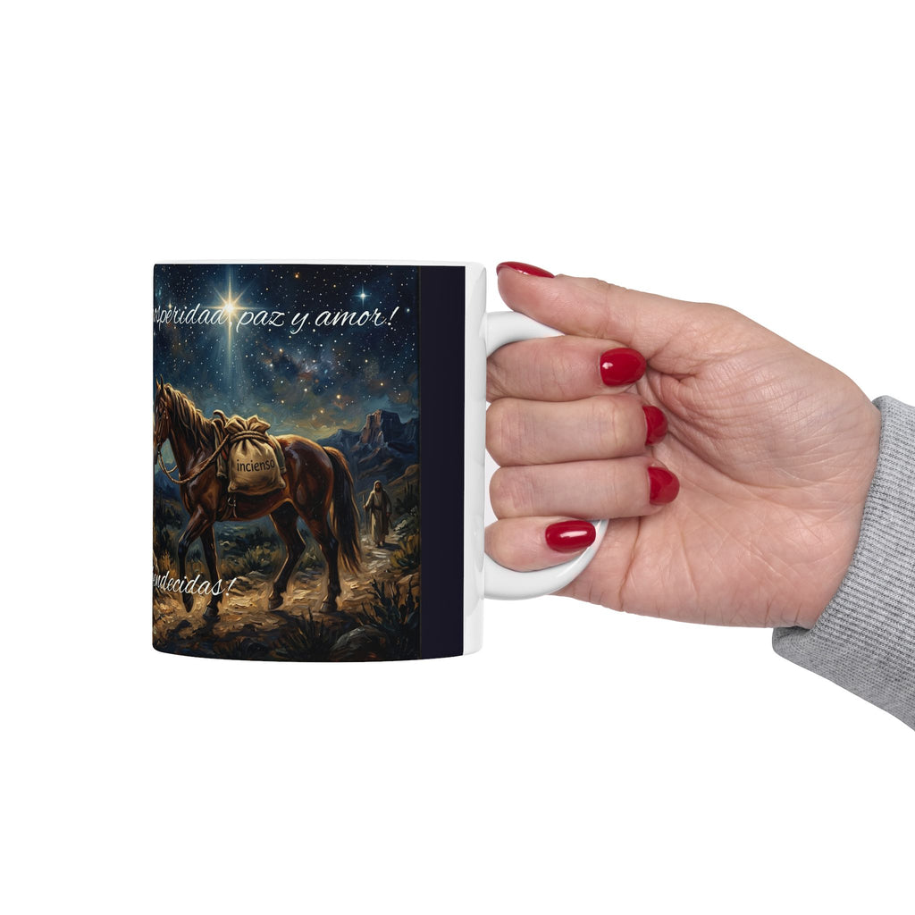 Ceramic Mug — Three Wise Men Nativity Design, "Felices fiestas, bendecidas" Holiday Coffee Cup