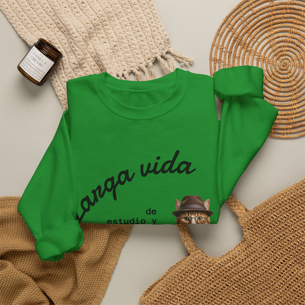 Crewneck Sweatshirt — "Larga vida de estudio y dedicación" Cat Design