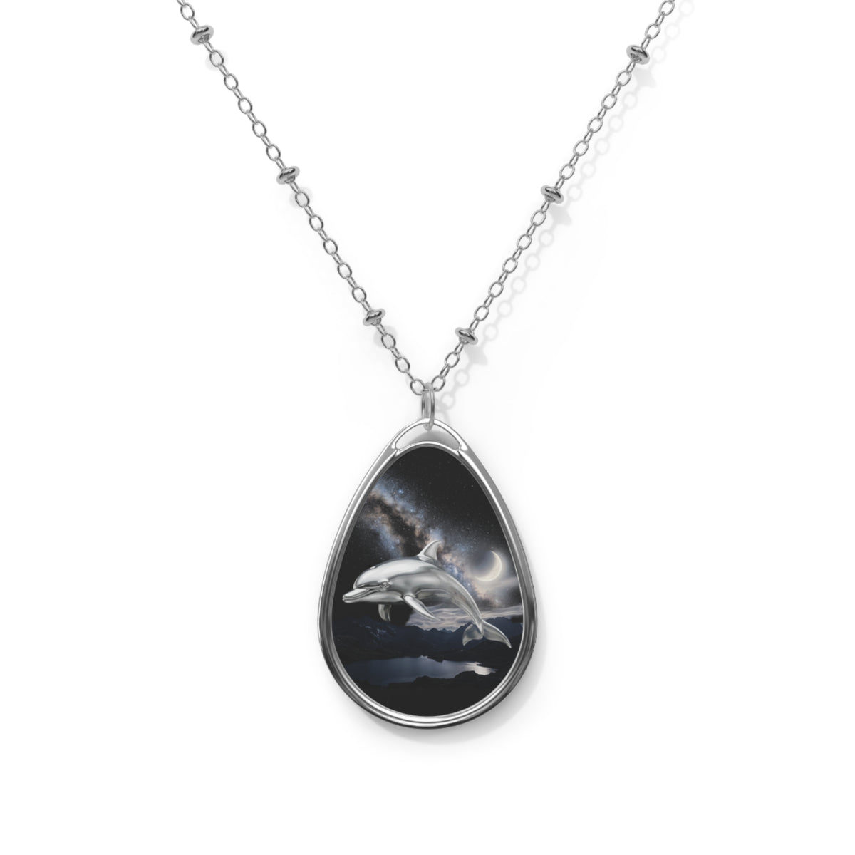 Dolphin Moon Oval Pendant Necklace