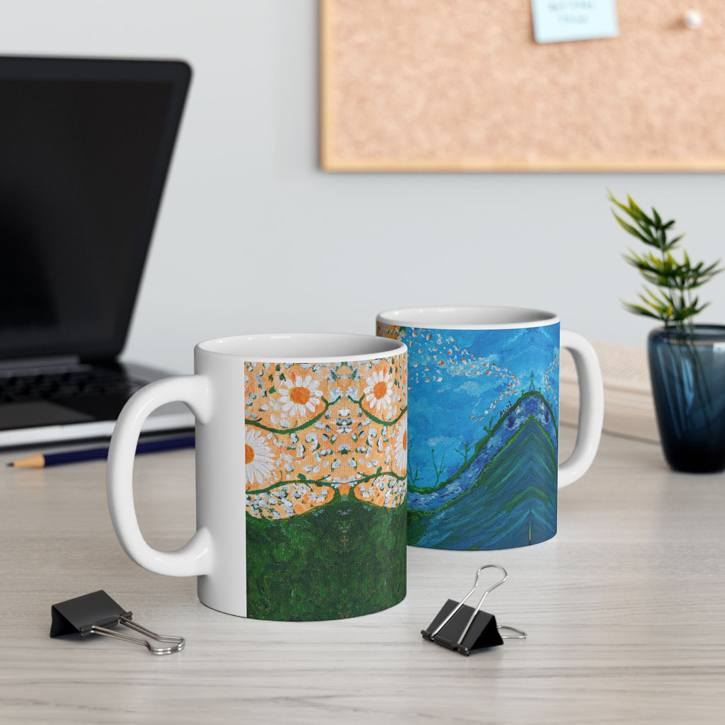 Floral Dreamscape Ceramic Mug — Blue Dandelion Art (11oz/15oz)