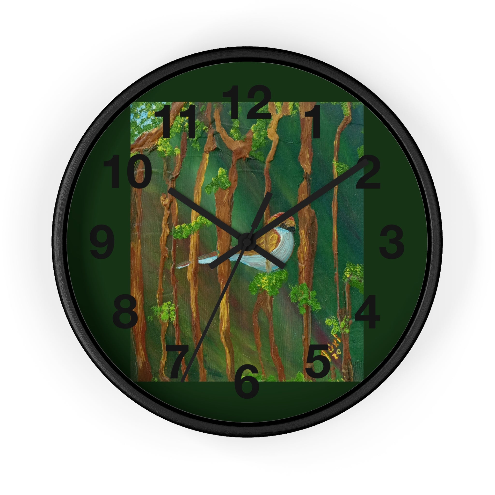 Forest Bird Wall Clock — Nature-Inspired Pine Tree Timepiece with Blue Jay Artwork