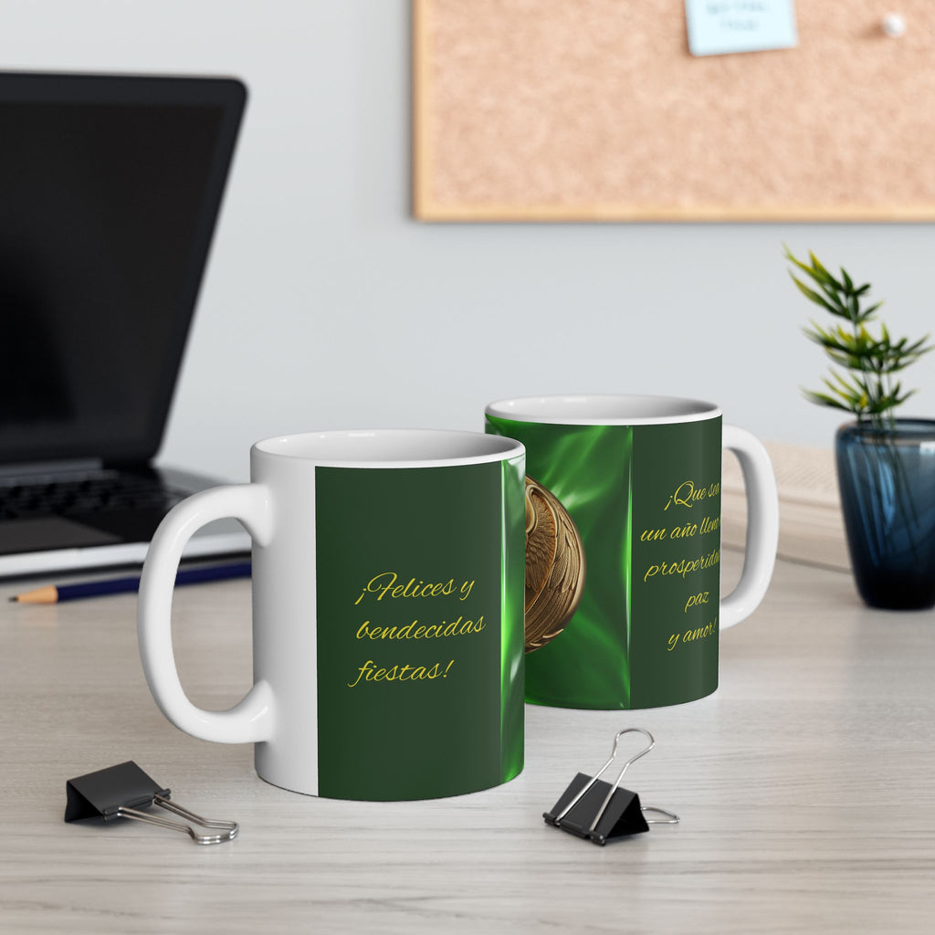 Angel Ornament Ceramic Mug — Green Christmas Angel Mug (11oz/15oz)