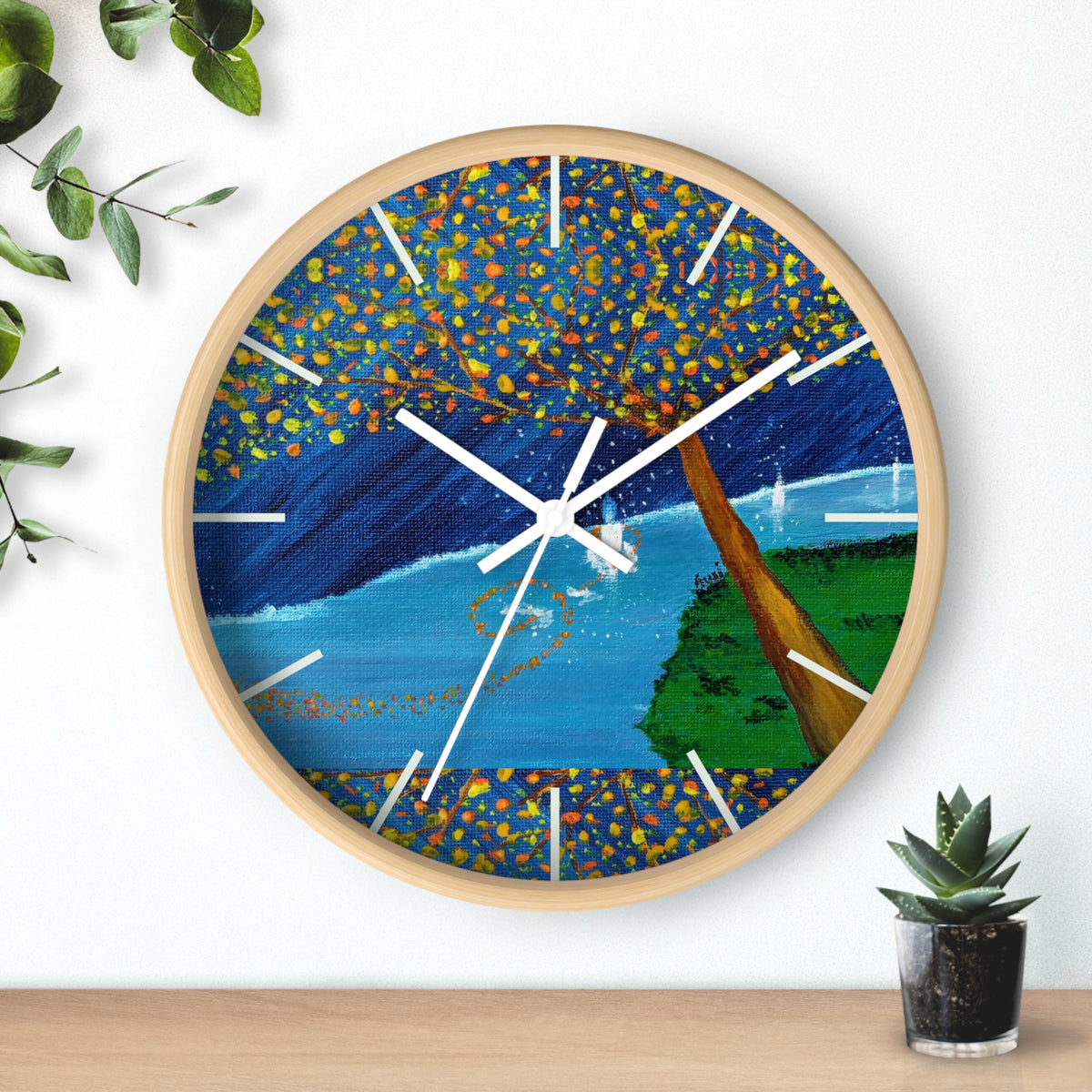 Coastal Tree Nightscape Wall Clock — Colorful Seaside Landscape Timepiece