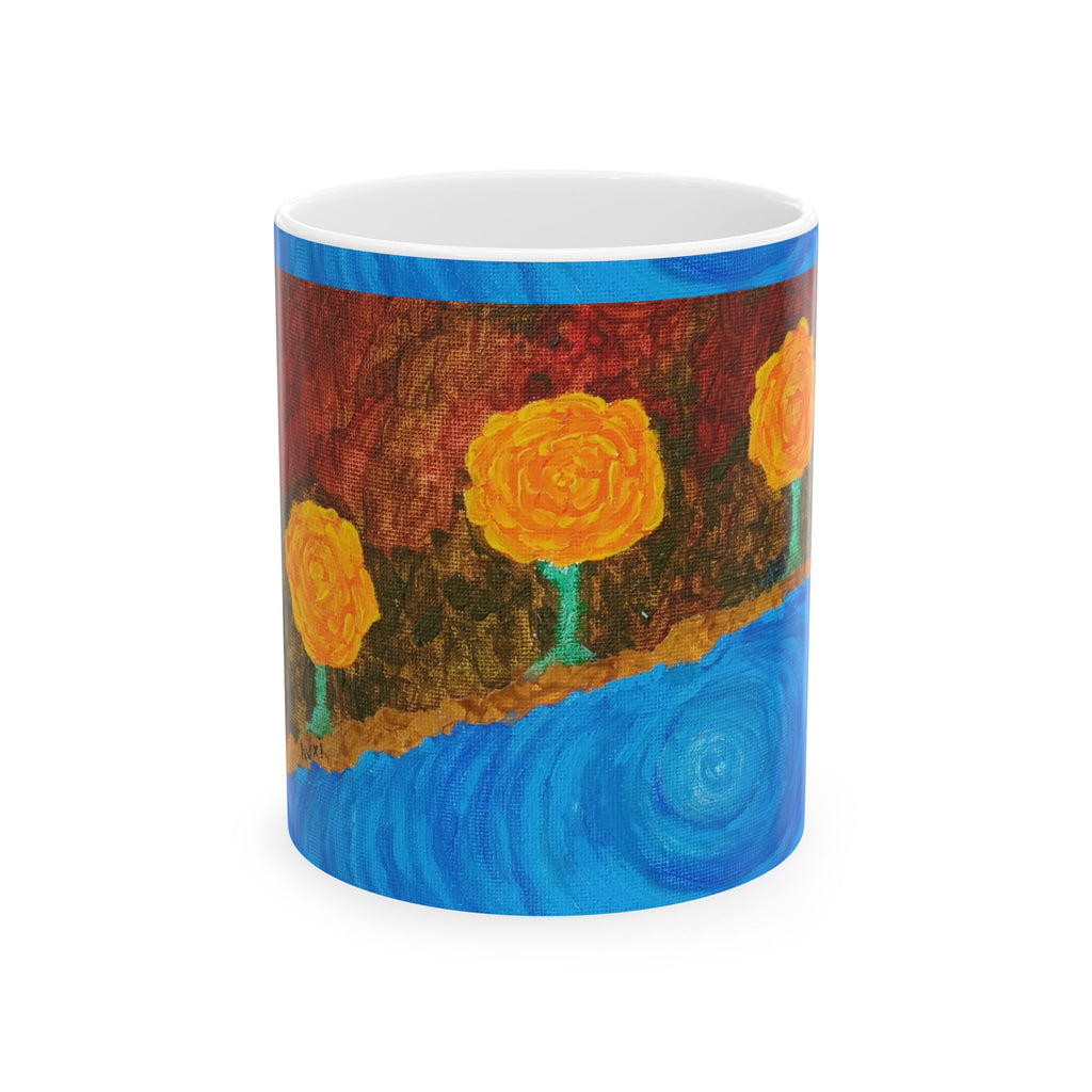Yellow Rose Floral Mug — Artistic River Landscape Ceramic Coffee Cup (11oz, 15oz)