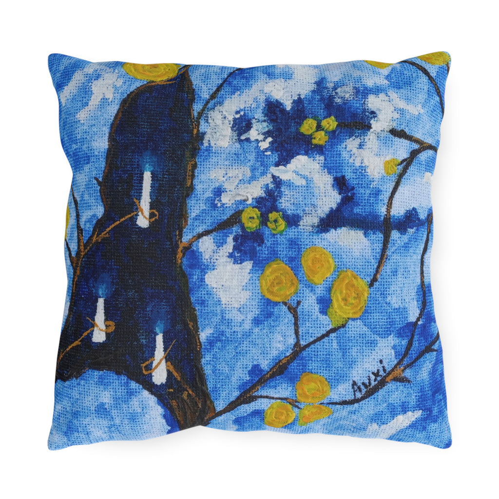 Cojín para exterior. Blue Floral Outdoor Pillow — Hand-Painted Branch & Yellow Blooms Patio Cushion