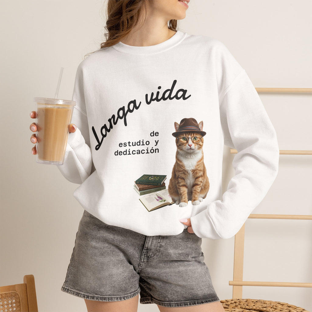 Crewneck Sweatshirt — "Larga vida de estudio y dedicación" Cat Design