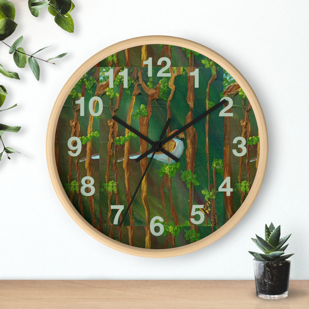Forest Bird Wall Clock — Nature-Inspired Pine Tree Timepiece with Blue Jay Artwork