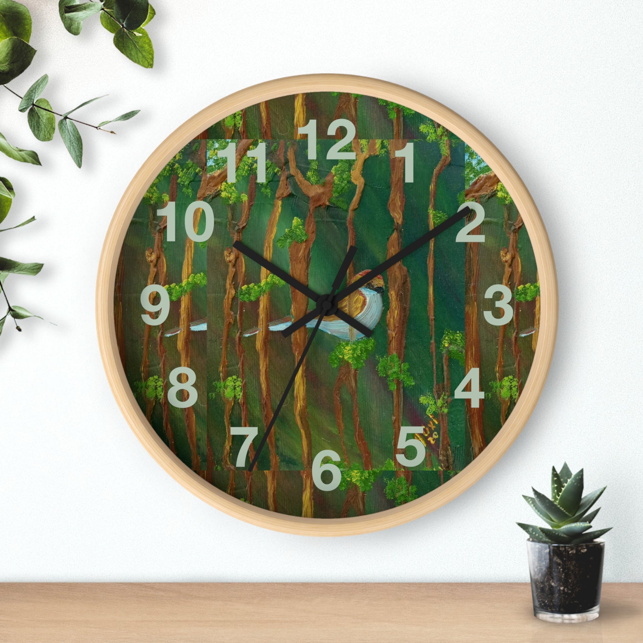 Forest Bird Wall Clock — Nature-Inspired Pine Tree Timepiece with Blue Jay Artwork