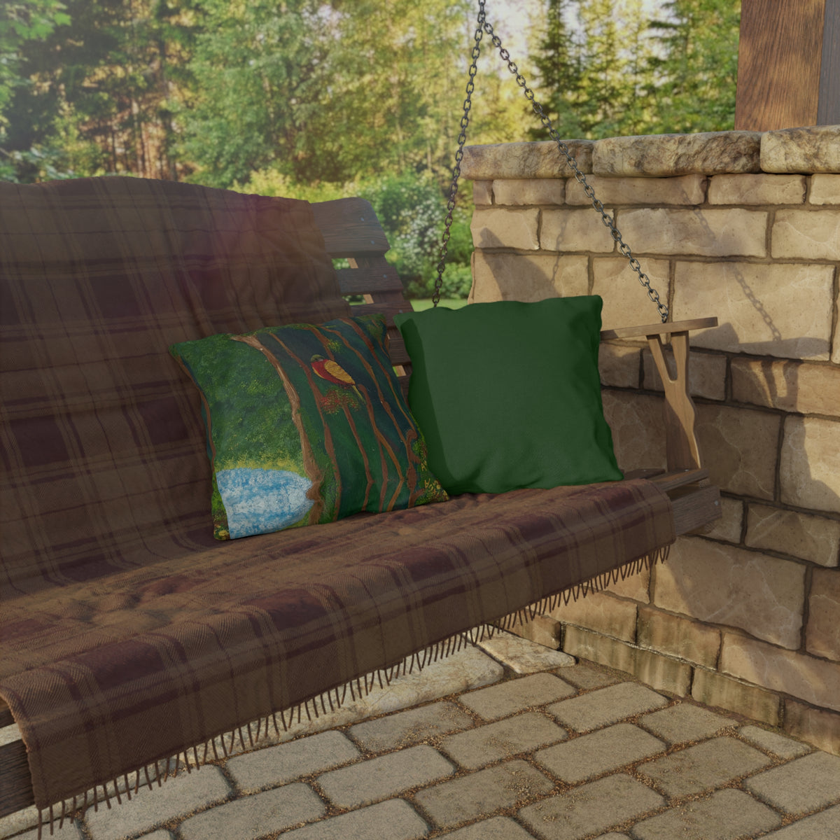 Outdoor Pillow — Hand-Painted Forest Bird Design