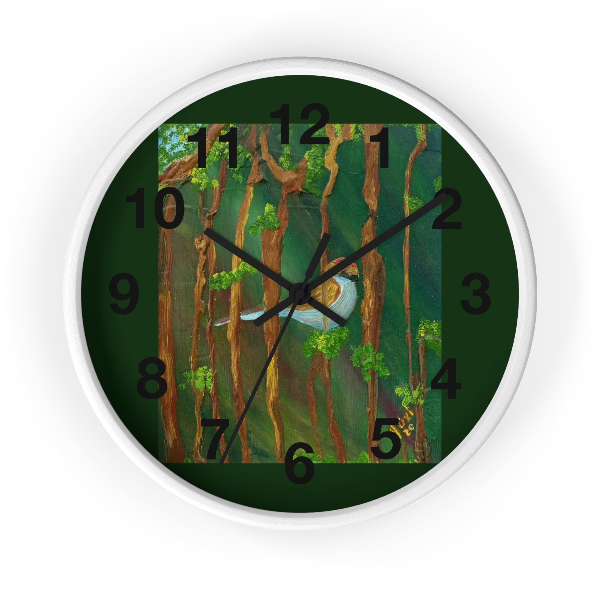 Forest Bird Wall Clock — Nature-Inspired Pine Tree Timepiece with Blue Jay Artwork