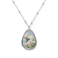 Hummingbird & Rose Oval Pendant Necklace — Vintage Floral Teardrop Jewelry