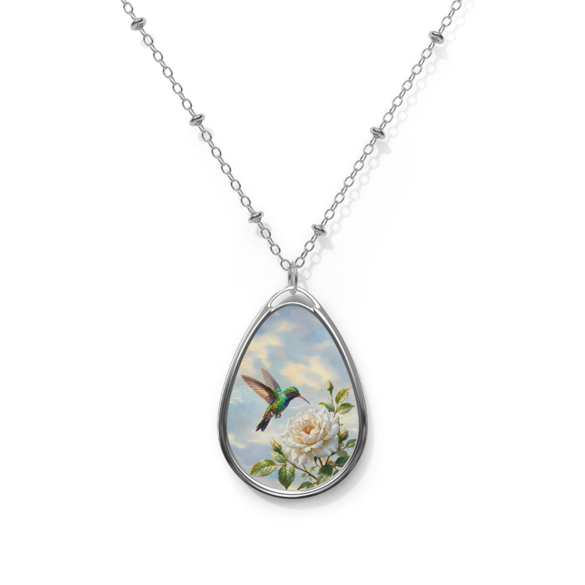 Hummingbird & Rose Oval Pendant Necklace — Vintage Floral Teardrop Jewelry