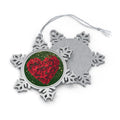 Pewter Snowflake Ornament with Red Heart Floral Design — Holiday Christmas Tree Decoration