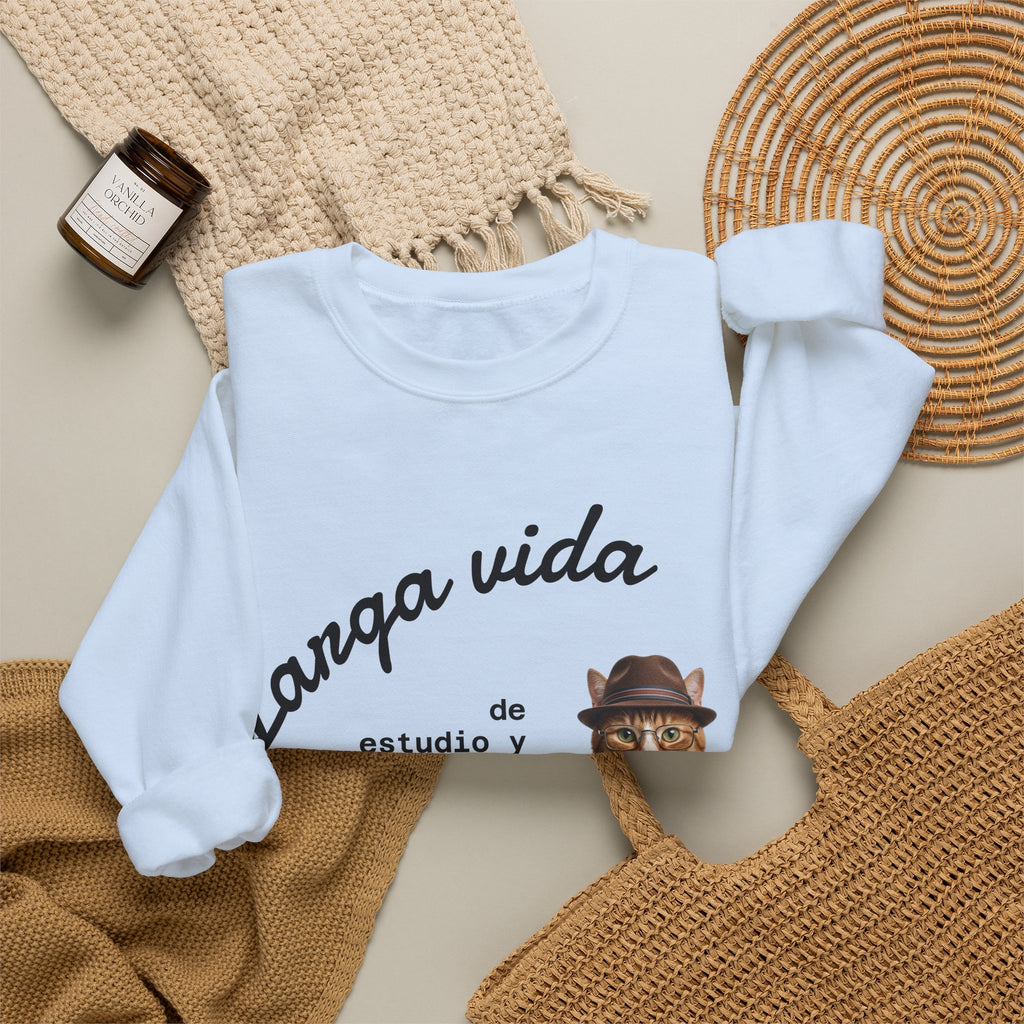 Crewneck Sweatshirt — "Larga vida de estudio y dedicación" Cat Design