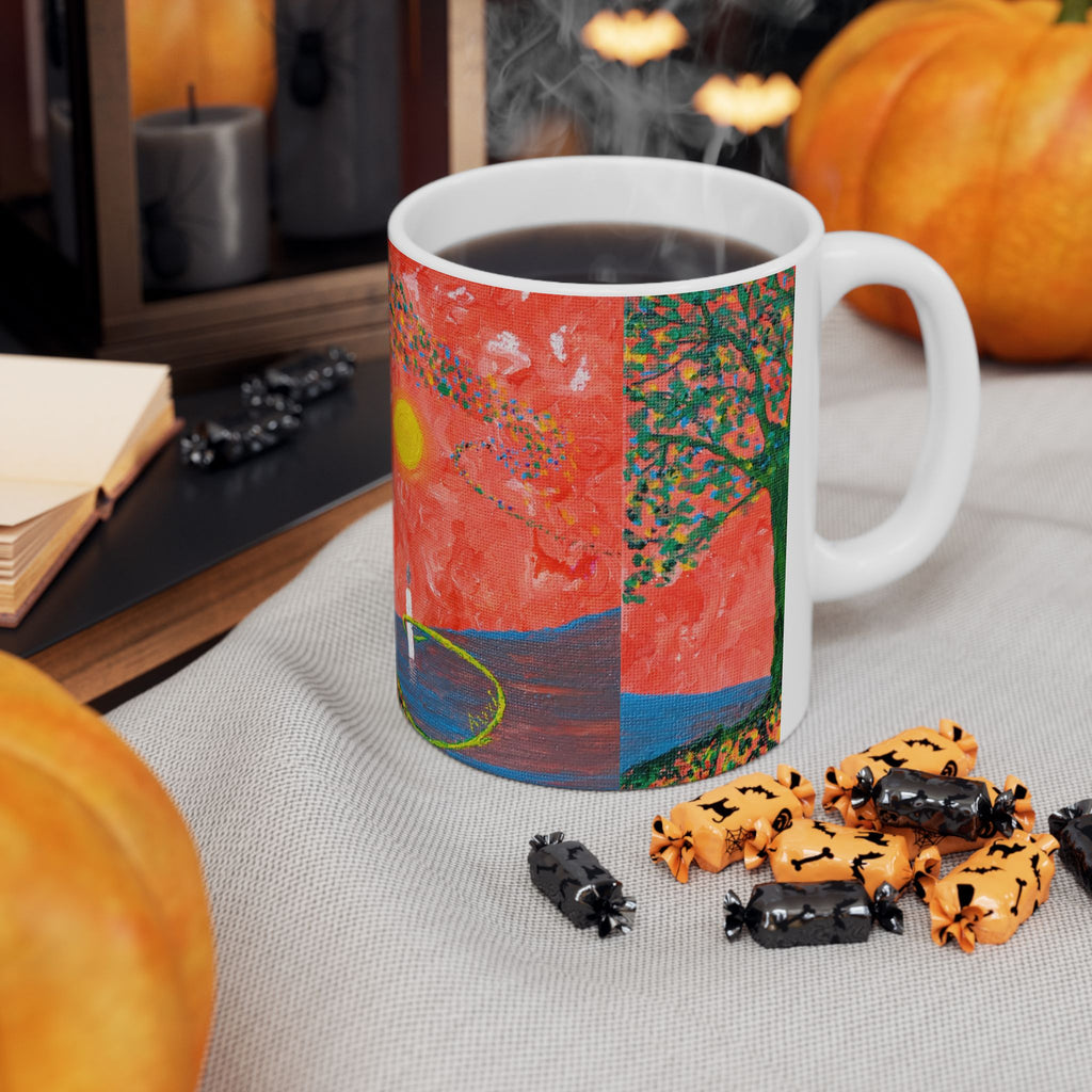 Artistic Sunset Ceramic Mug — Red Landscape with Tree & Lone Figure (11oz/15oz)