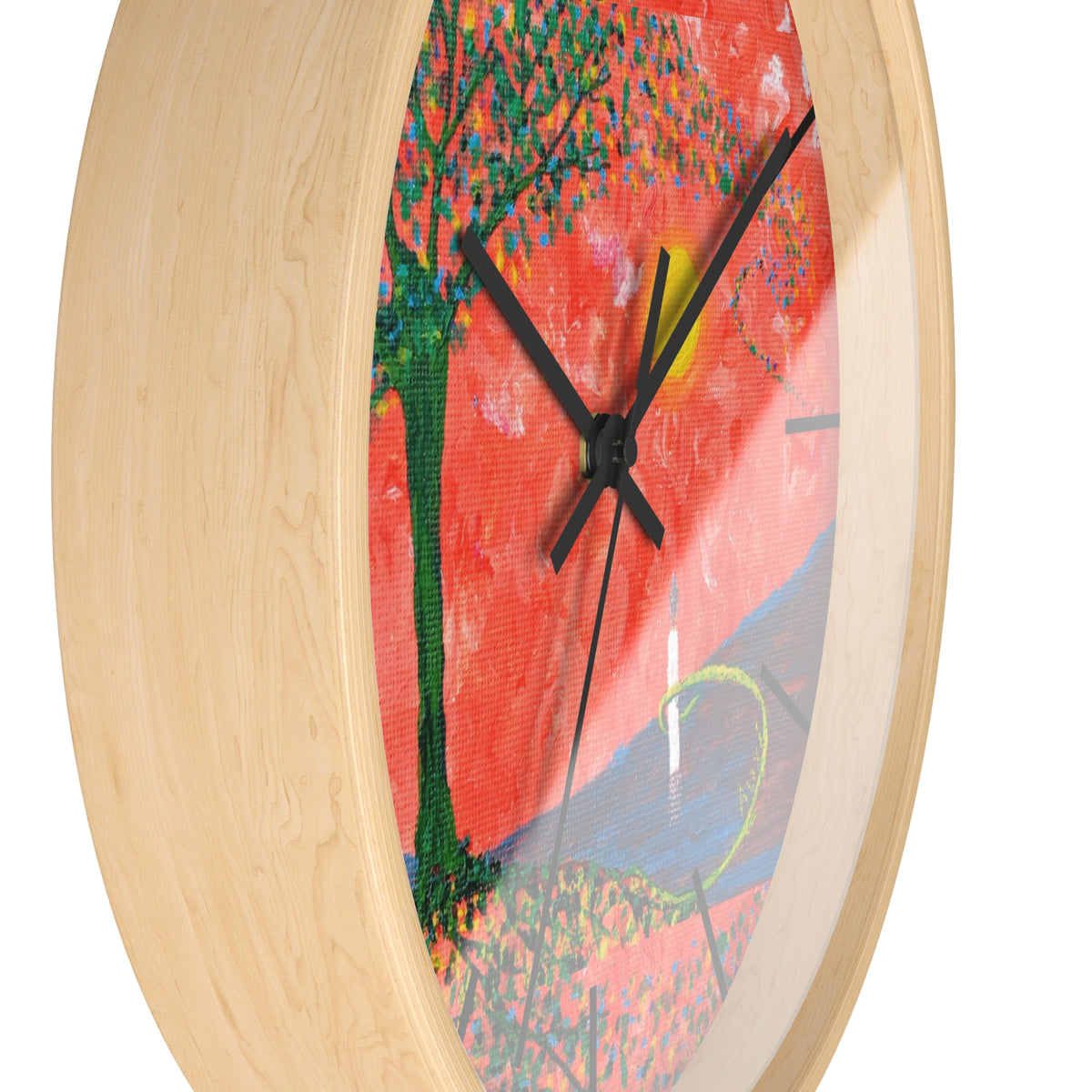 Sunset Reflection Wall Clock — Colorful Tree Lake Art Clock