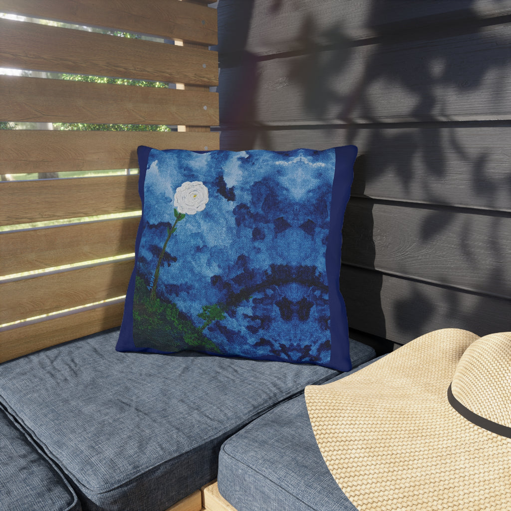 Blue Watercolor Rose Outdoor Pillow — Nautical Floral Patio Cushion