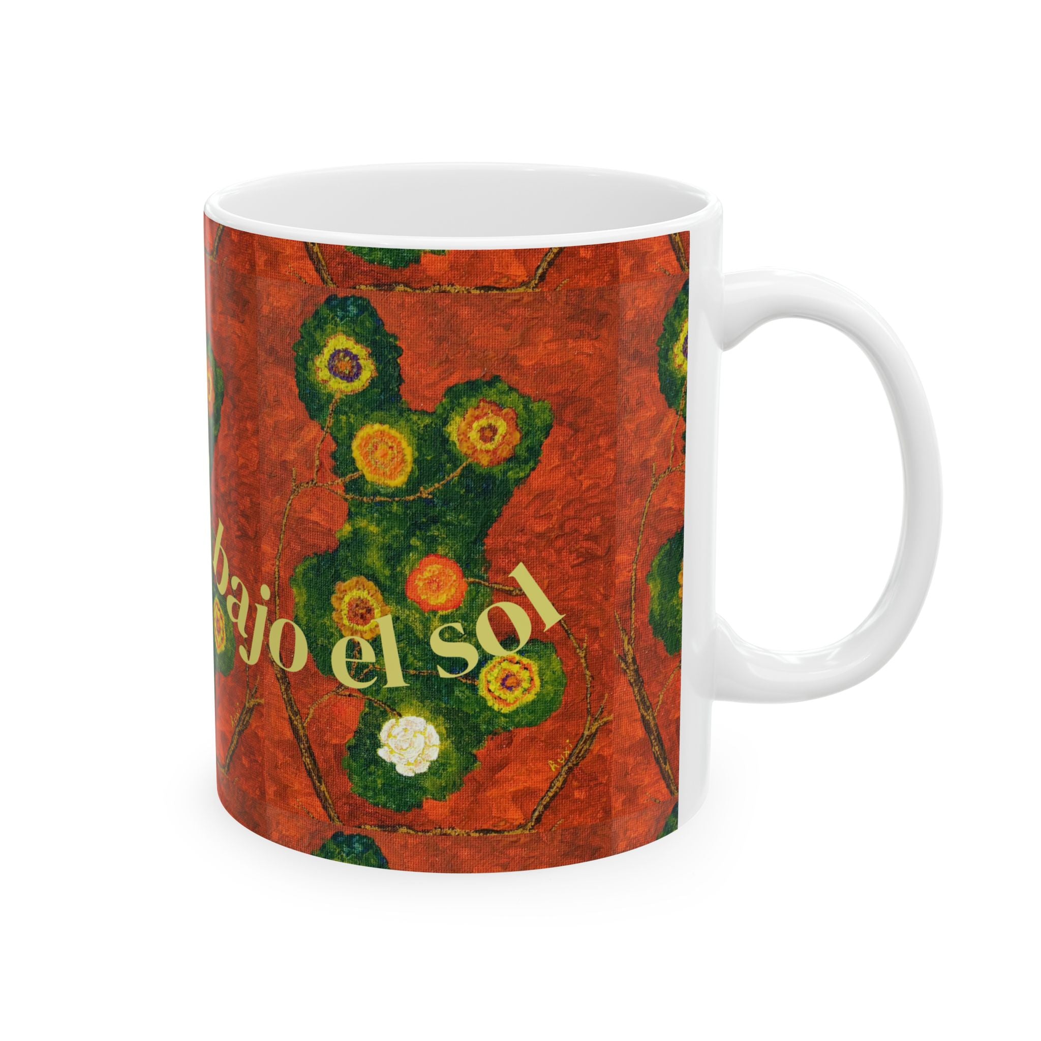 Spanish Floral Art Ceramic Mug – “bajo el sol” Red Cactus Design (11oz/15oz)