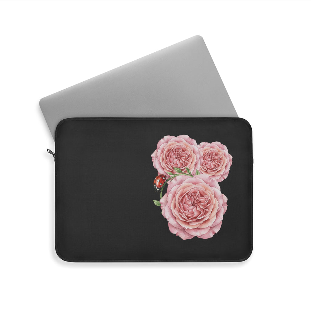 Floral Rose Trio Laptop Sleeve — Pink Peony Flowers with Ladybug on Black