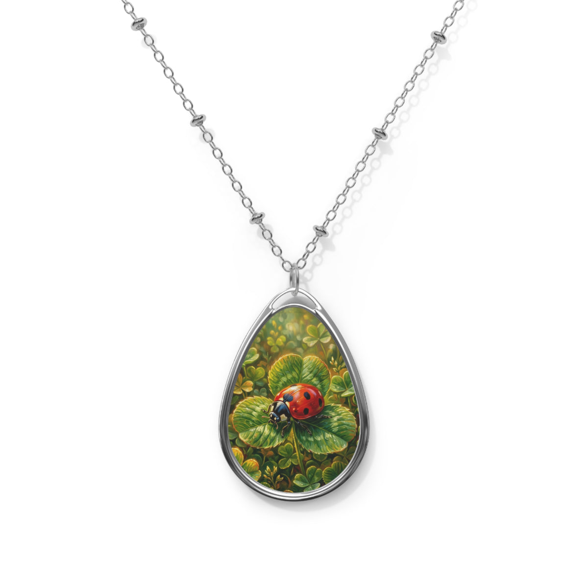 Ladybug Clover Oval Necklace — Silver Teardrop Pendant with Lucky Ladybug Art