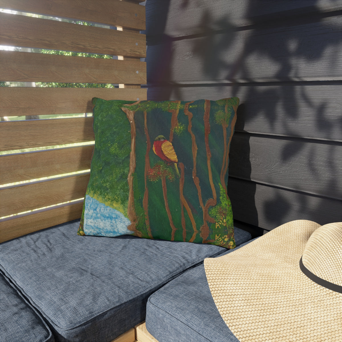 Outdoor Pillow — Hand-Painted Forest Bird Design