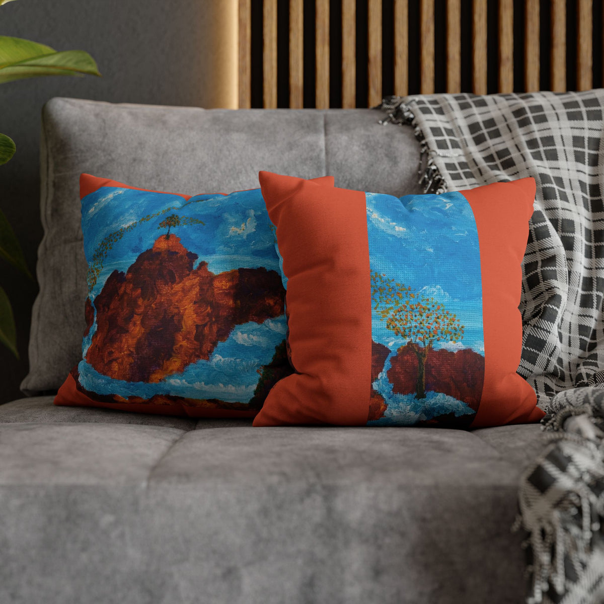 Solo Funda, no incluye relleno.  Accent Pillow with Blue Abstract Tree Panel — Decorative Square Pillowcase