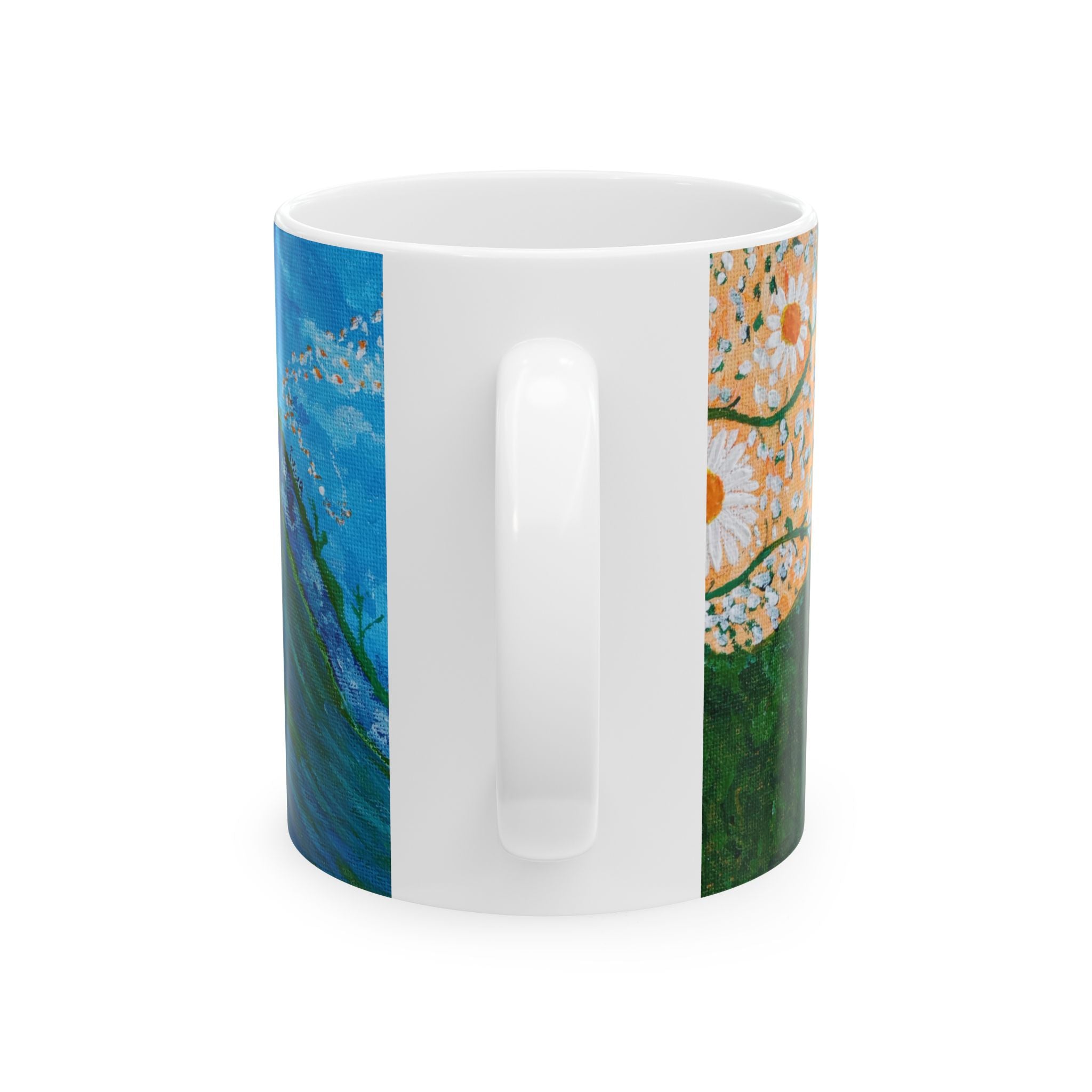 Floral Dreamscape Ceramic Mug — Blue Dandelion Art (11oz/15oz)