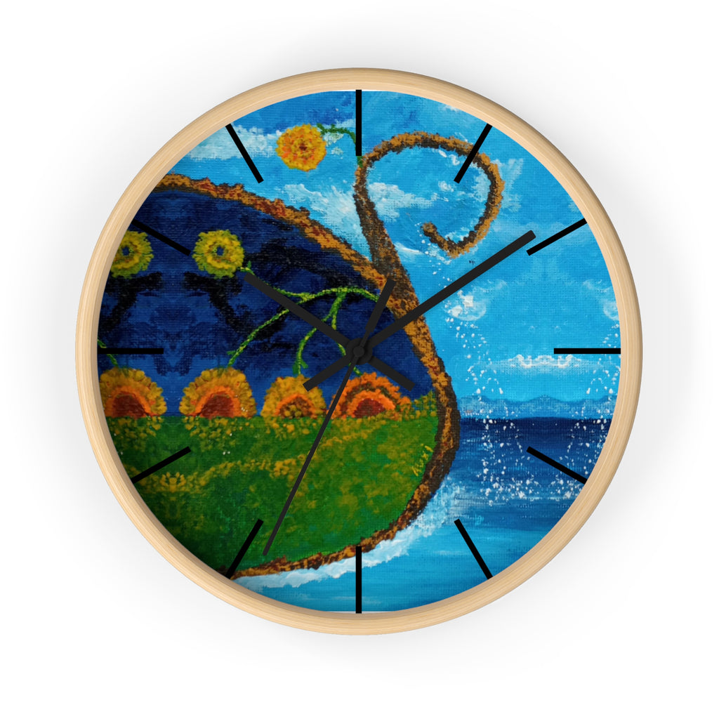Coastal Sunrise Art Wall Clock — Whimsical Seascape with Sunflowers