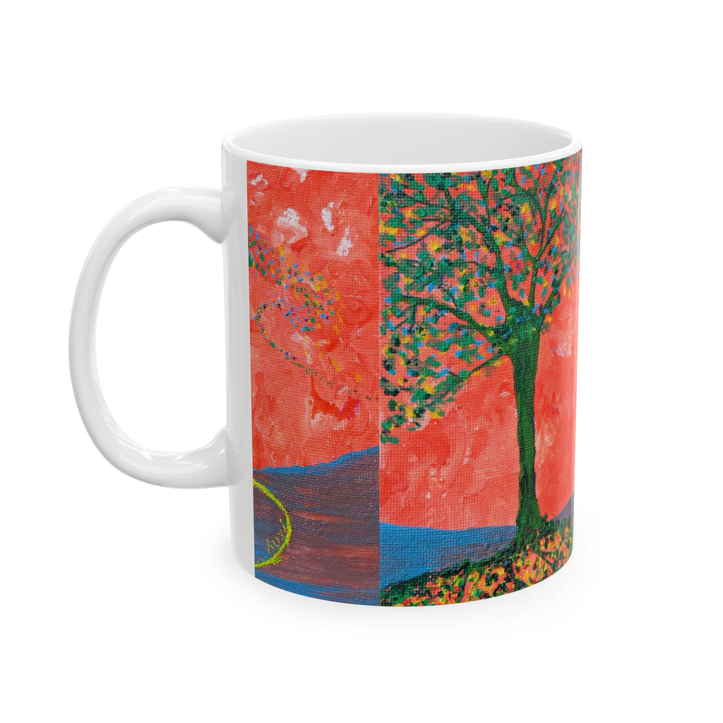 Artistic Sunset Ceramic Mug — Red Landscape with Tree & Lone Figure (11oz/15oz)