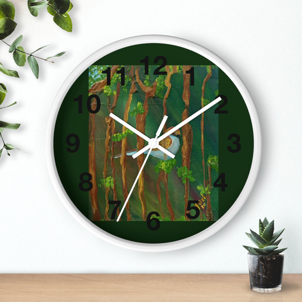 Forest Bird Wall Clock — Nature-Inspired Pine Tree Timepiece with Blue Jay Artwork