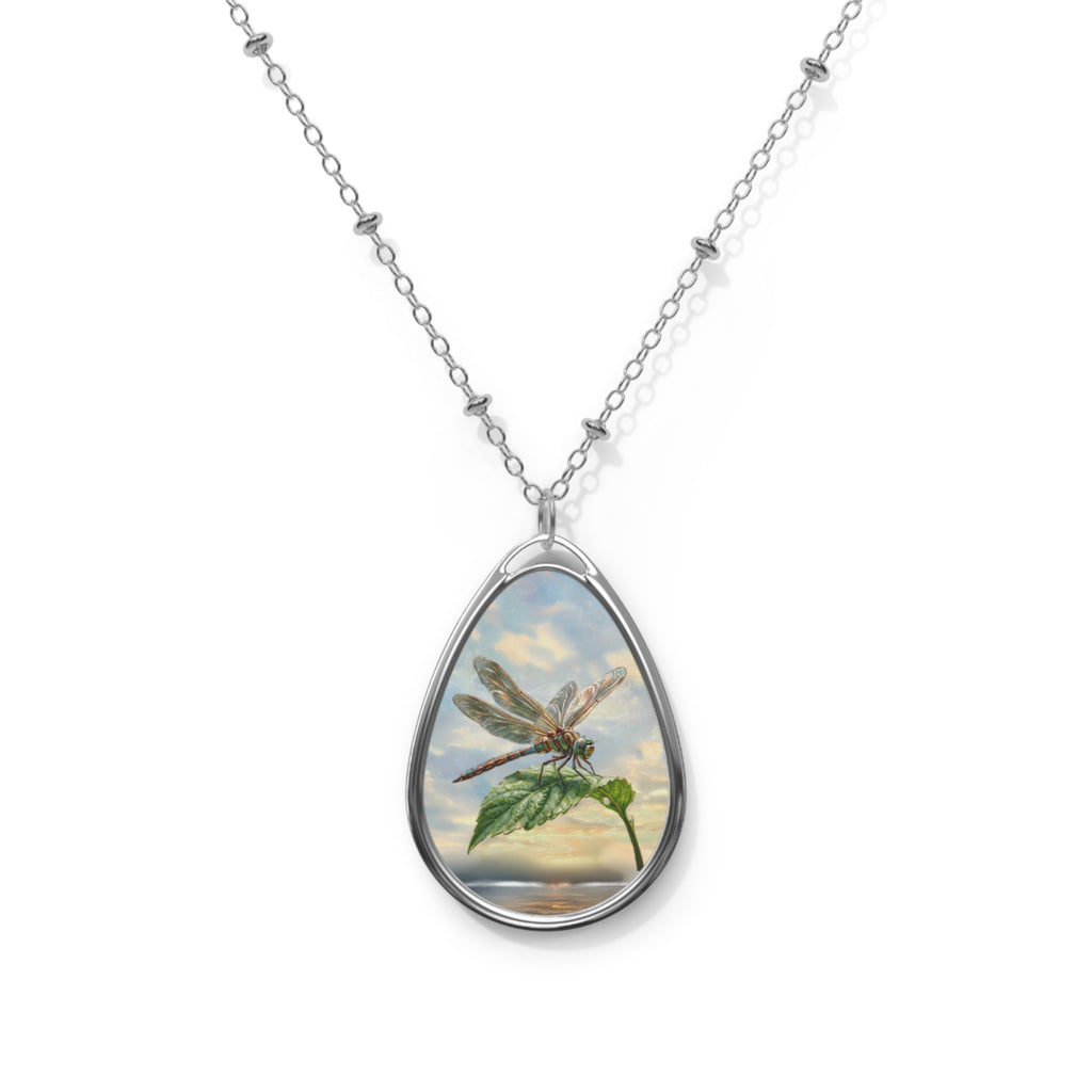 Dragonfly Oval Necklace Pendant — Nature-Inspired Silver Teardrop Jewelry
