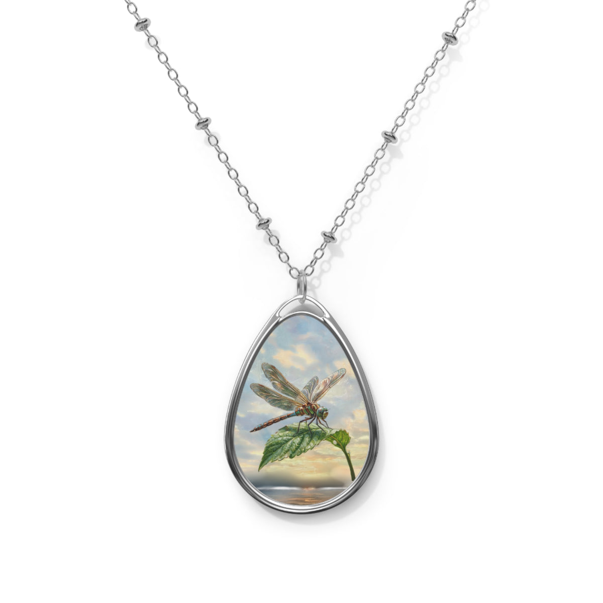 Dragonfly Oval Necklace Pendant — Nature-Inspired Silver Teardrop Jewelry