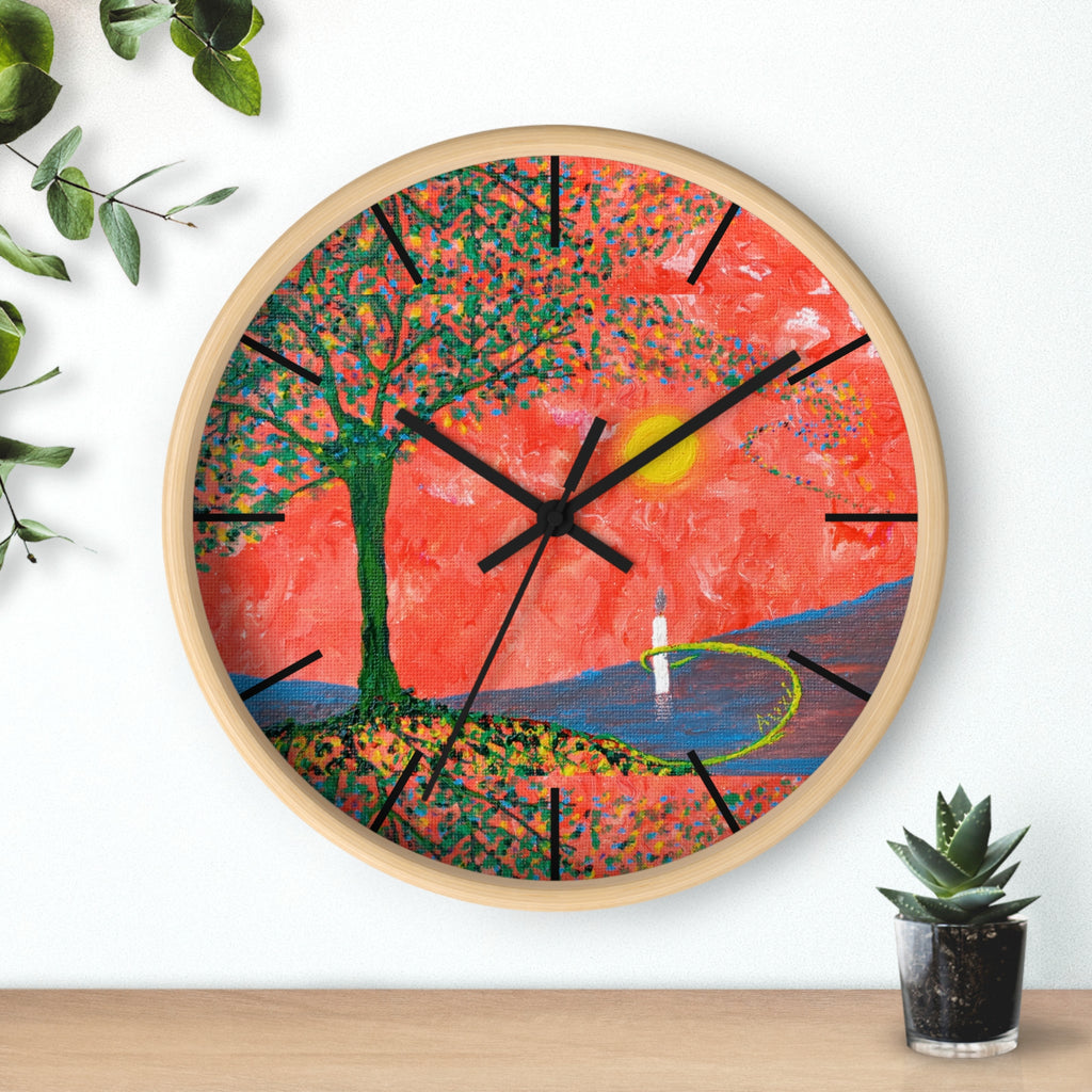 Sunset Reflection Wall Clock — Colorful Tree Lake Art Clock