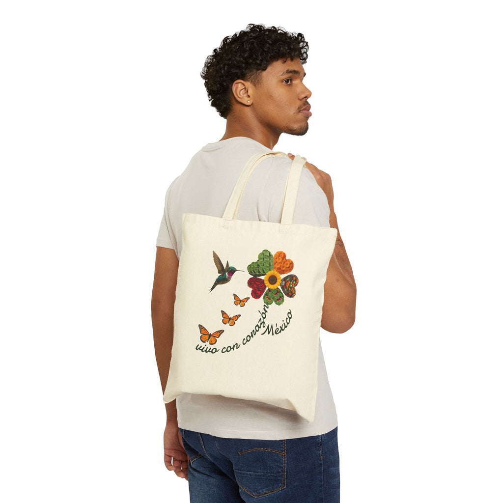 Floral Hummingbird Tote — "vivo con corazón México" Cotton Canvas Bag