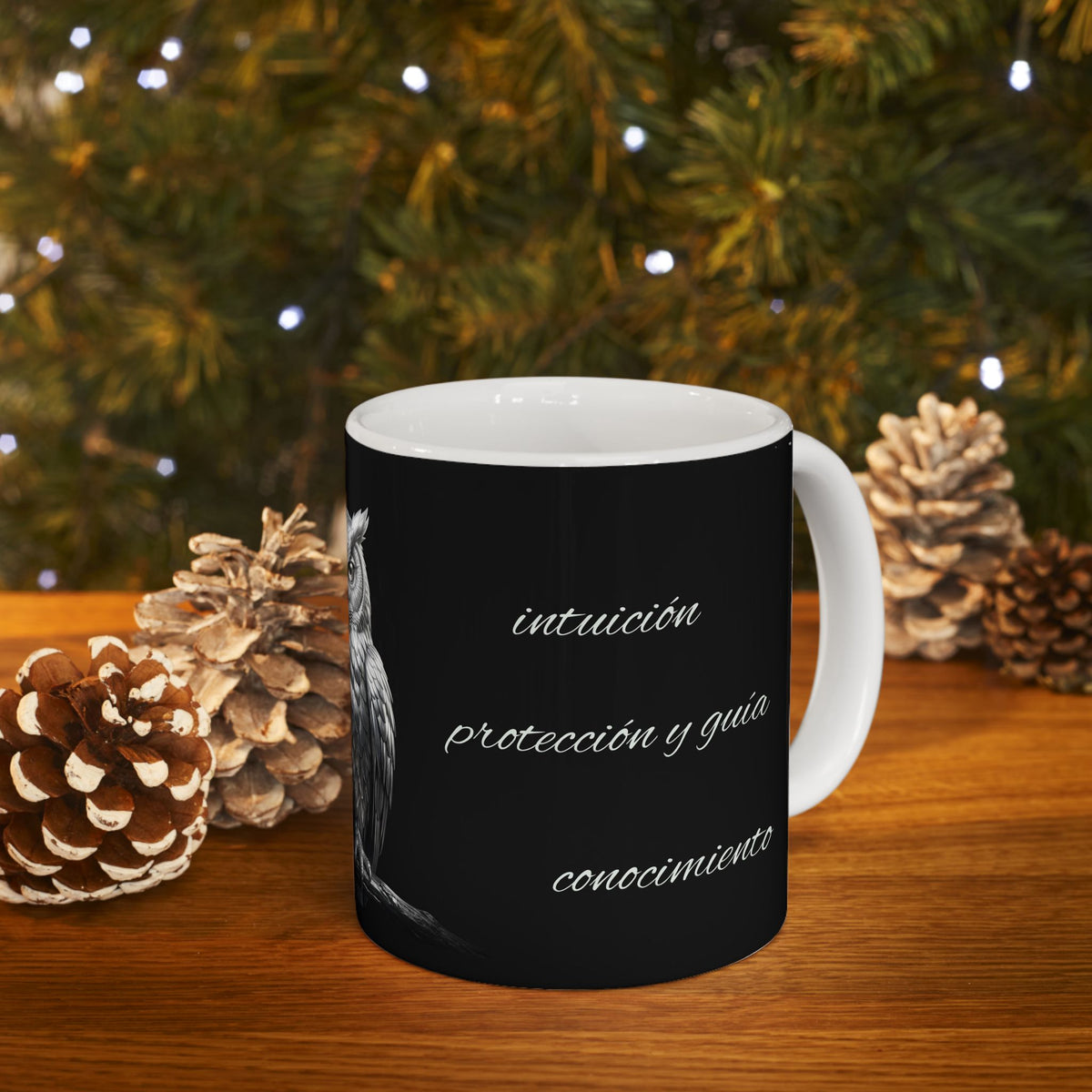 Owl Ceramic Mug — Gothic Black Coffee Cup with Detailed Owl Illustration